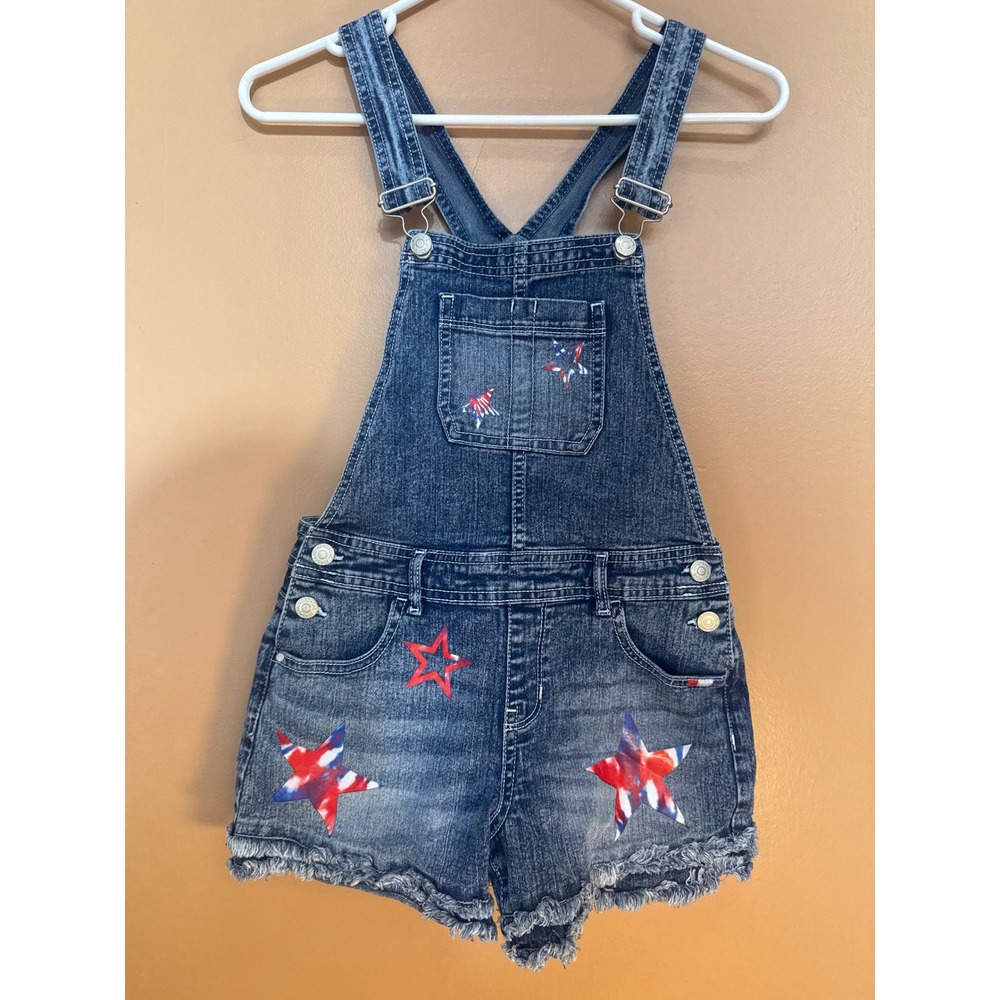 Girls Patriotic Star Denim Shortalls Blue Medium Wash Size L 10-12 4th of July
